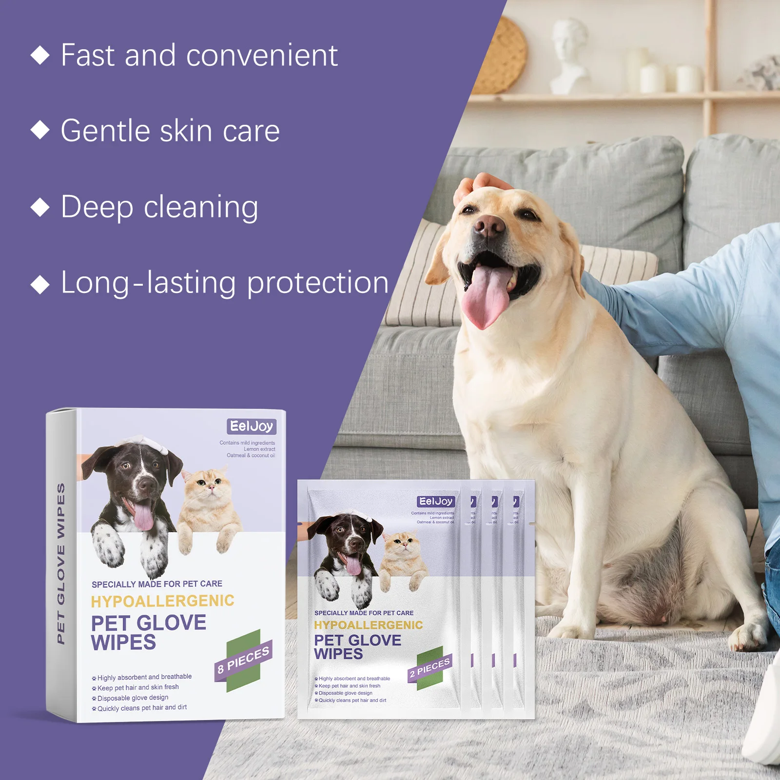 

Eeljoy 8pieces Pet Glove Wipes Gentle Touch to Protect Pet Skin and Hair, Gentle Cleaning While Keeping Pet Hair Shiny Fresh