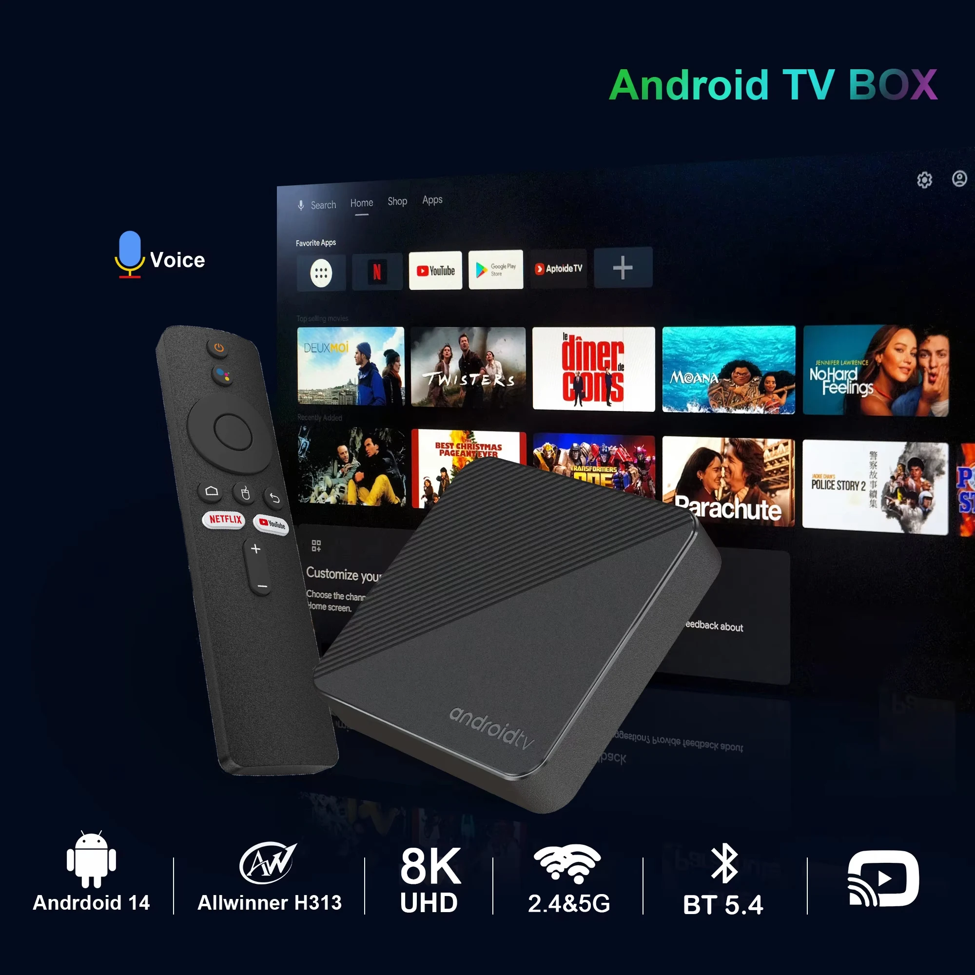 YOZHIXU صندوق التلفزيون الذكي الجديد T8 Android14 Allwinner H313 2.4G&5G Dual WIFI Google Voice Assistant BT5.4 128GB Memory Media Player 8K