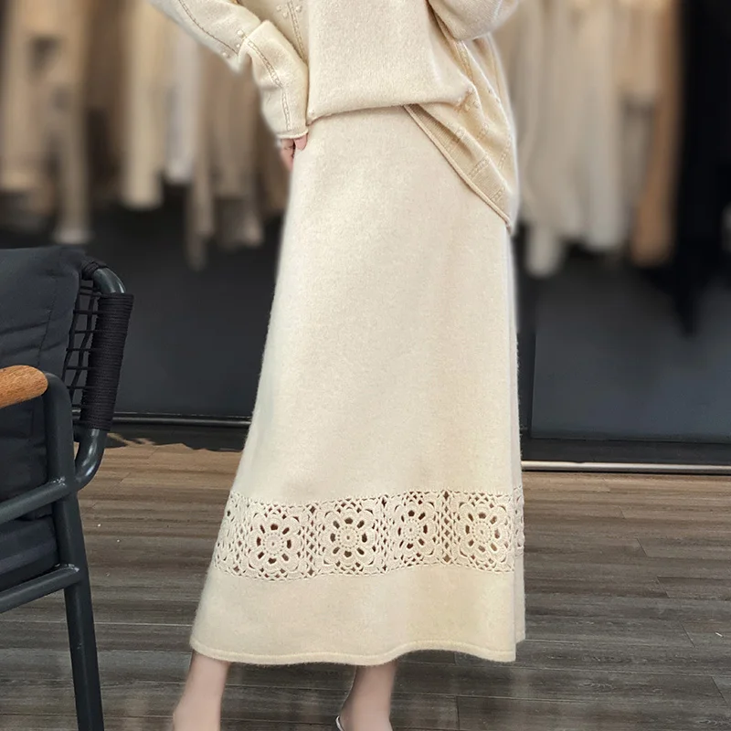 Women\'s Cashmere Knitted Skirt, Monochromatic, Hollow Hook, High Waist, A-line Skirt, Long Wool, Over the Knee, Autumn, Winter,