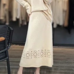 Women's Cashmere Knitted Skirt, Monochromatic, Hollow Hook, High Waist, A-line Skirt, Long Wool, Over the Knee, Autumn, Winter,