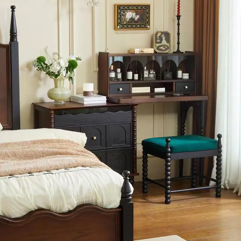 French retro solid wood American dresser dresser integrated bedroom chest black storage makeup bedside mirror