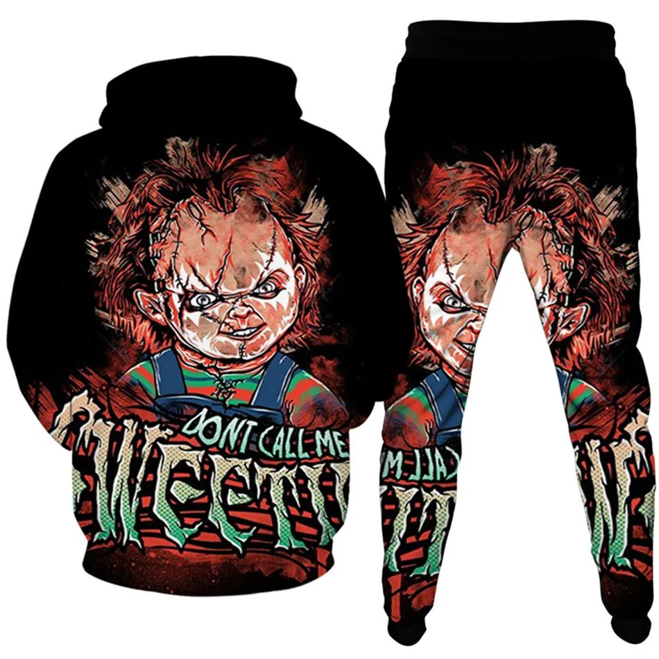 Horrorfilm Chucky Anime Print Mannen Trainingspak Kleding Plus Size S-6XL Vrouwen Halloween Punk Hoodies Broek 2Pcssuits Sportwea