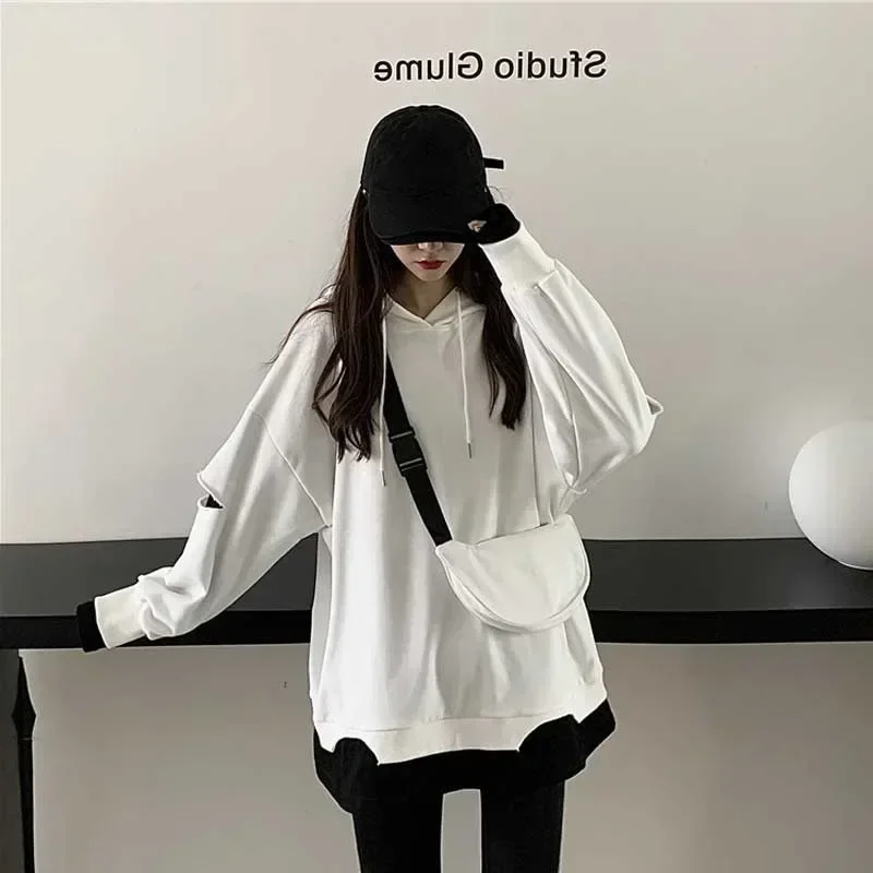 Spring New Lazy Style Fake Two Piece Tops Hoodies Loose Patchwork Pullovers Casual Fashion Women Clothing Korean Y2k