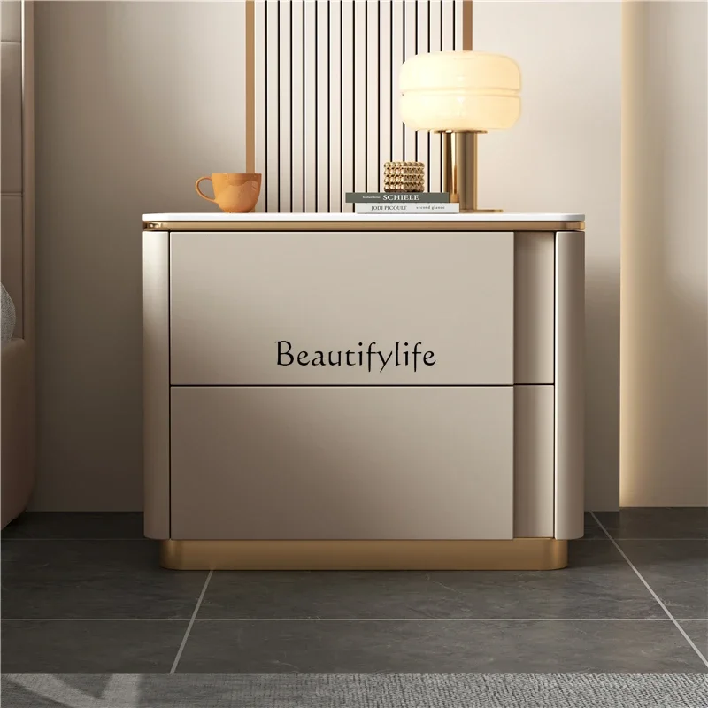 

yj5 Bedside table leather simple modern light luxury rock slab countertop all solid wood frame bedroom creative storage bedside
