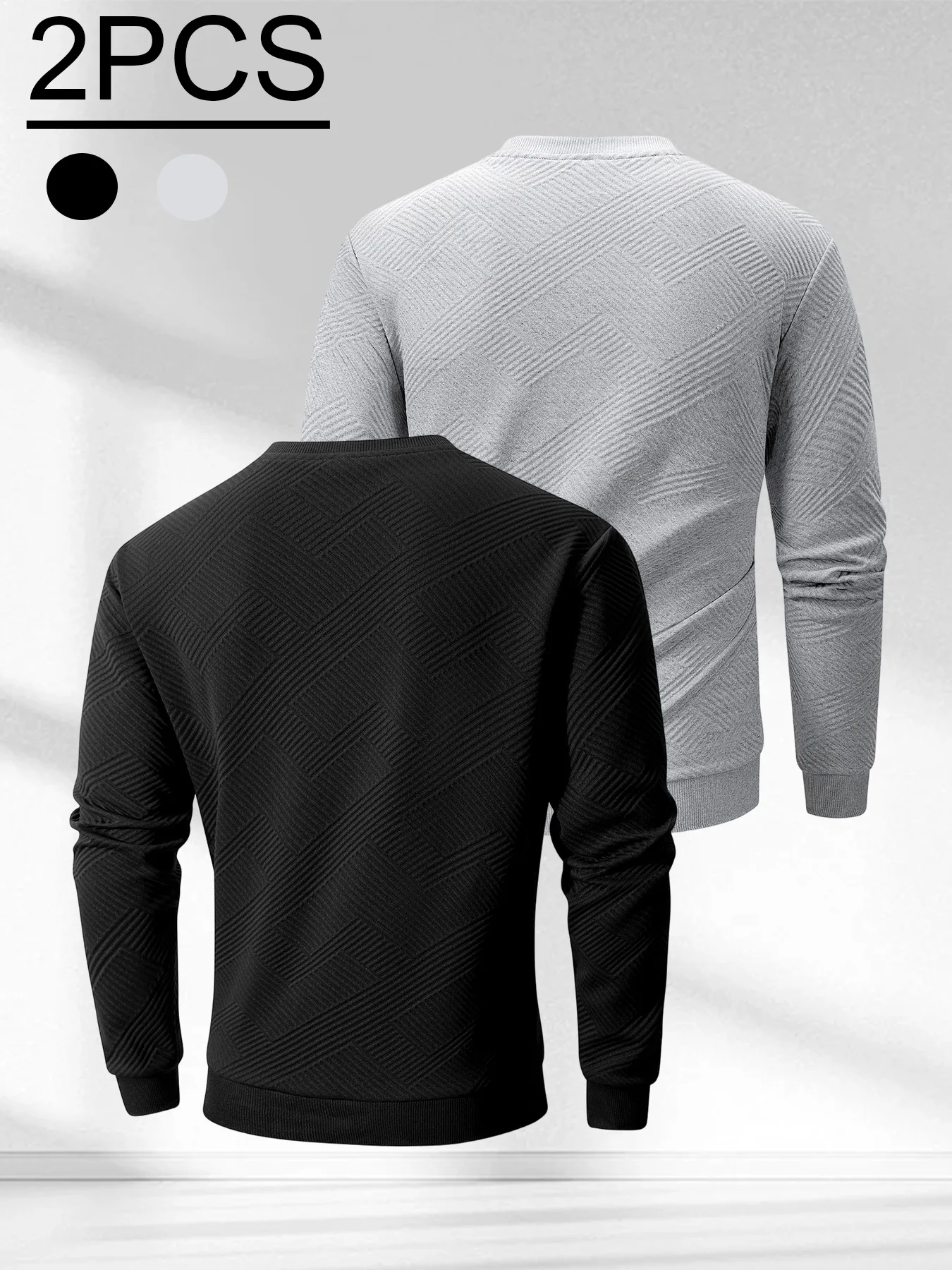 2 Sets Men Embossed Geometric Sweatshirt Crew Neck Long Sleeve Pullover Lightweight Soft Knit Fabric Outdoor Sports Daily Casual