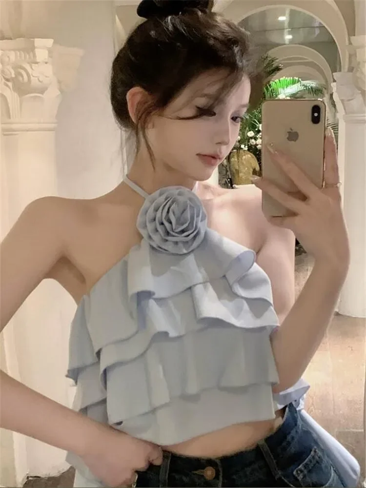 

Sexy Halter Strap Backless Ruffles Tank Top Pin White Blue Y2k Flower Short Fairy Shirt Summer Fashion Sleevelesss Chic Camis