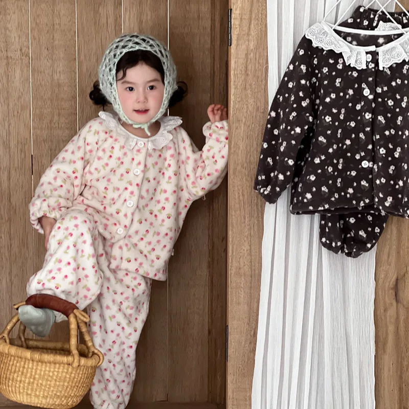 

Children Pajamas 2PCS Set Winter Kids Girl Print Lace Colalr Homewear Coat Suits Bow Fleece Casual Sports Pant Loungewear Outfit