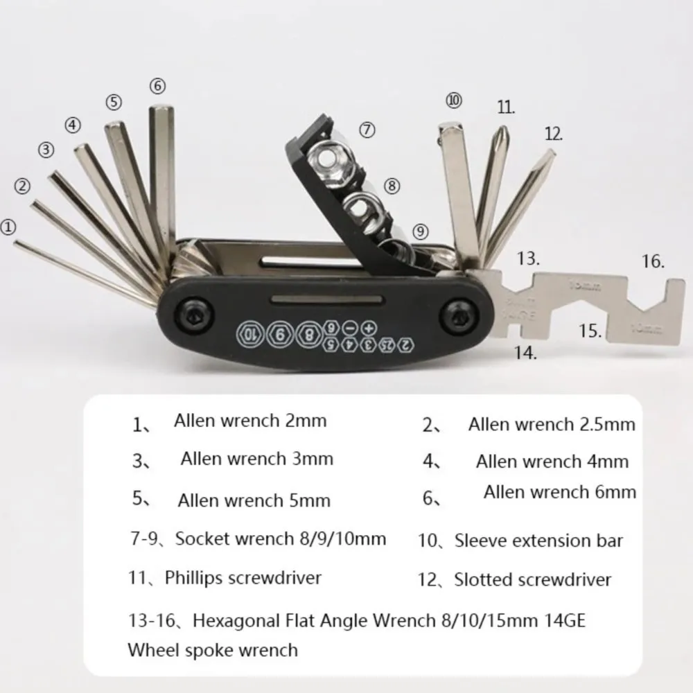 16 In 1 Mountain Bike Portable Socket Multipurpose Hex Spoke Wrench Multi Tool Sets Screwdriver Motorcycle cycle Repair Tool Kit