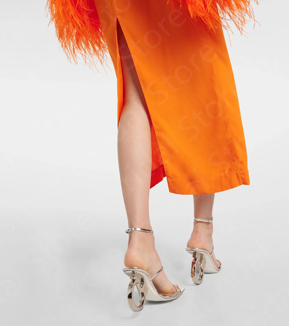 Modern Orange Feather Dress 2024 Mother Dress Mid Calf Length Mother of the Bride Gown Long Sleeve Wedding Party Dress Back Slit