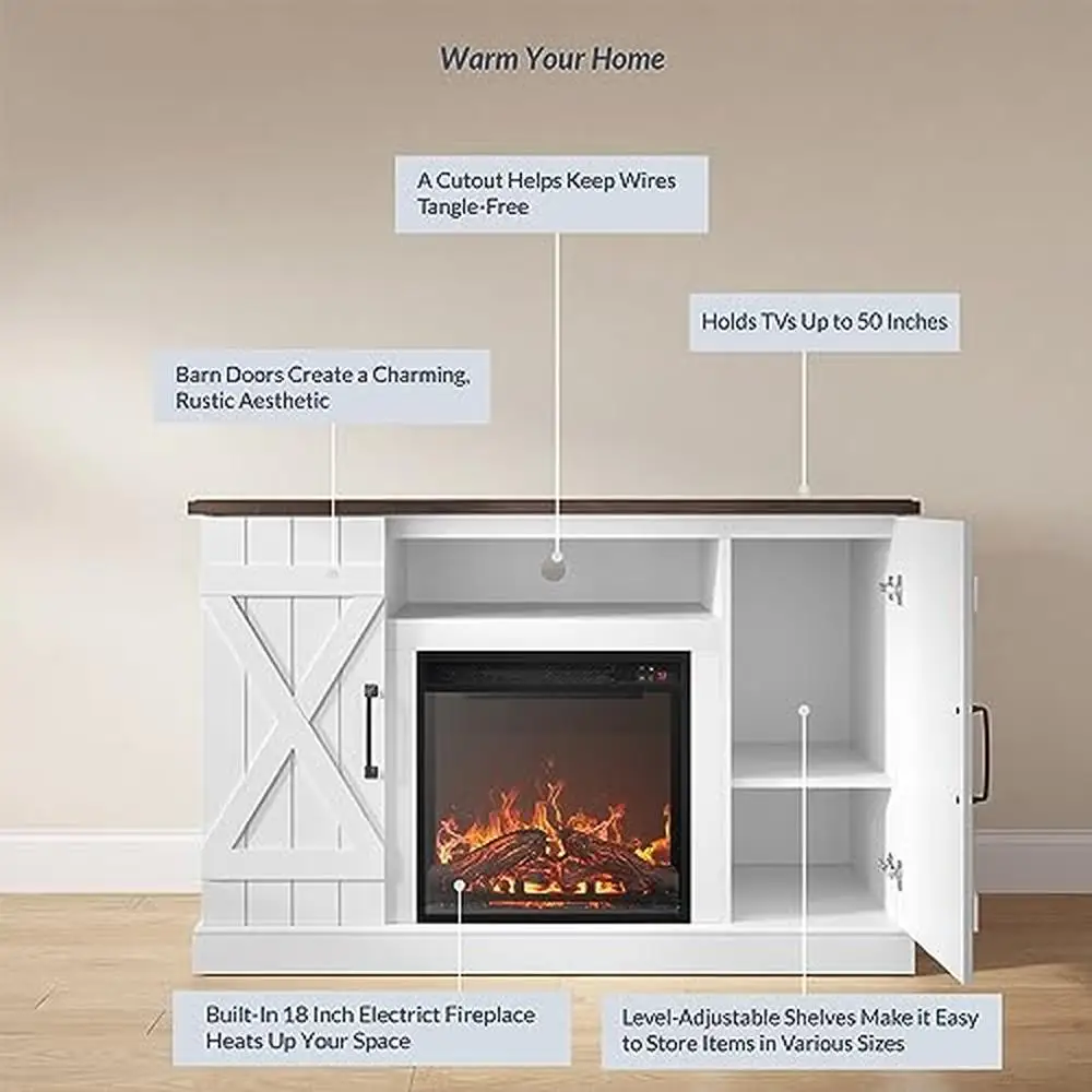 Farmhouse Barn Door TV Stand with Electric Fireplace & Media Console 47 Inch Entertainment Center TV up to 50" Open Storage