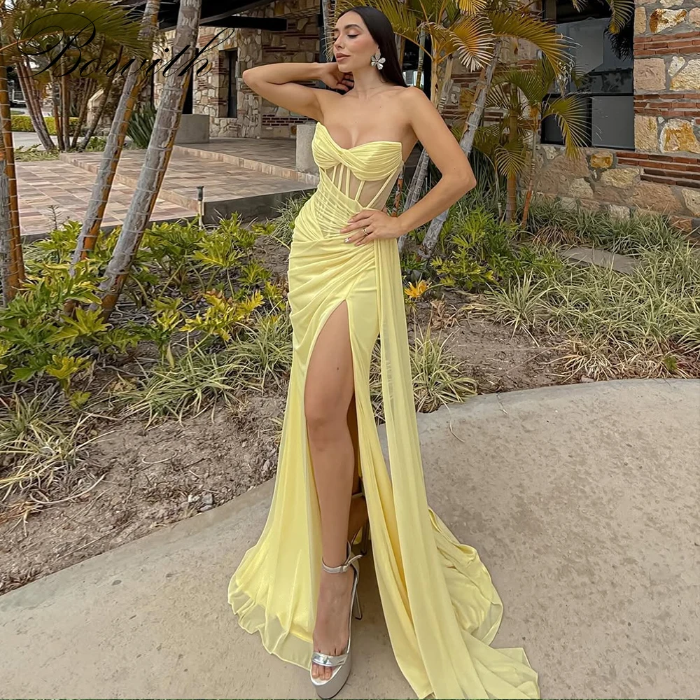 

Желтые вечерние платья русалки Bowith, шифоновые без бретелек с высоким разрезом по бокам, женские платья для выпускного вечера, 2025 г., вечерние платья по индивидуальному заказу