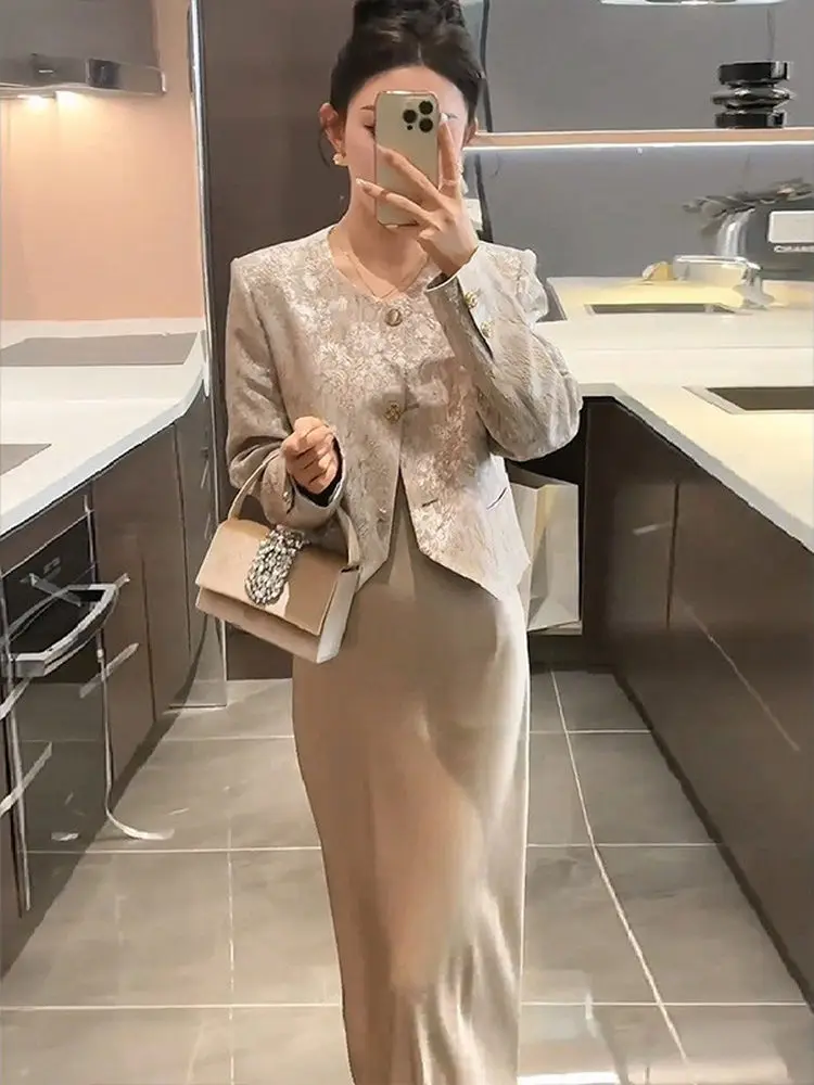 

New Chinese Style National Fashion Outerwear Satin Dress Two-Piece Set Elegant High-End Spring Name Lady Advanced Feeling