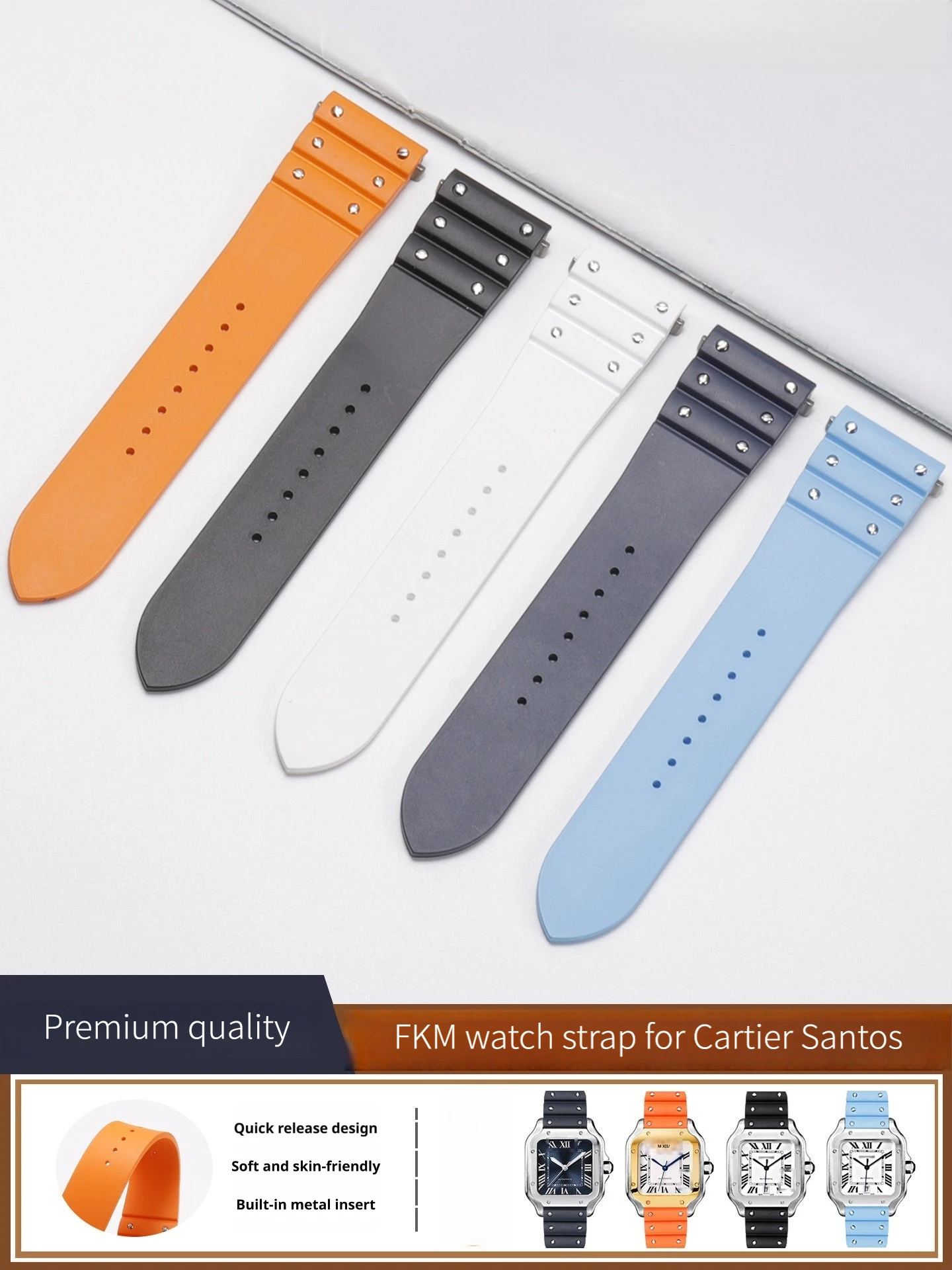 19 21mm FKM Strap for Cartier Santos Quick Release Men Women Watchband Solid Stainless Steel Folding Clasp Metal Insert Bracelet