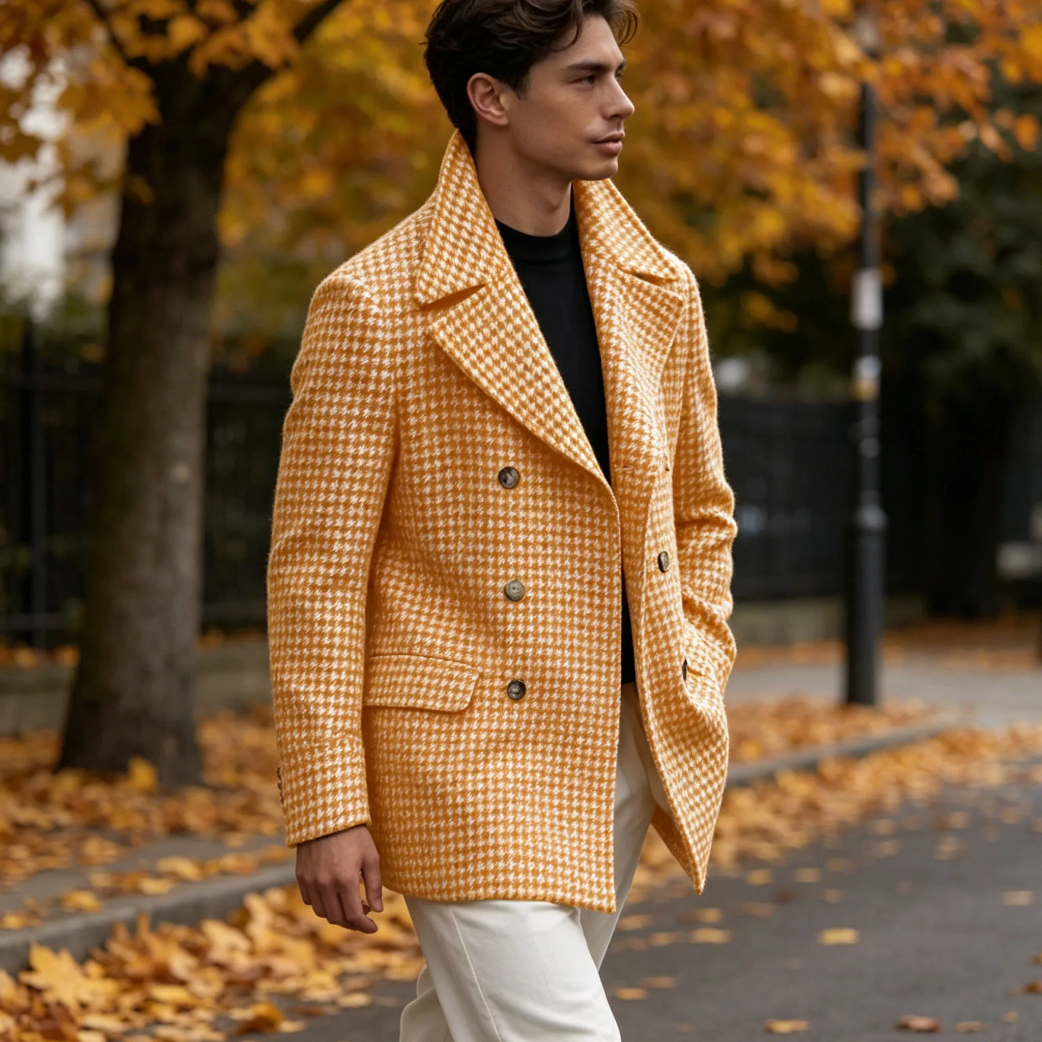 Men's Houndstooth Jacket Retro Double Breasted Slim Fit Notched Lapel Wool Blend Blazer Fashion Casual Overcoat For Daily Wear
