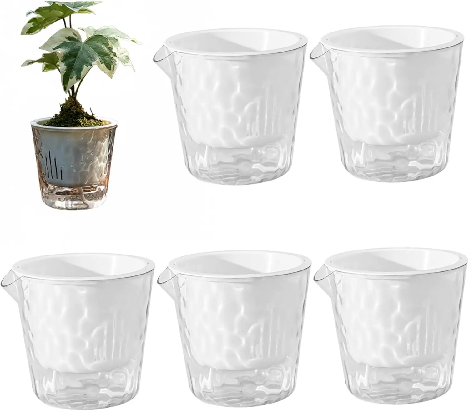 

Набор из 5 прозрачных пластиковых самополивающихся цветочных горшков с узором «Ледник», двухслойные, с дренажными отверстиями и поддоном
