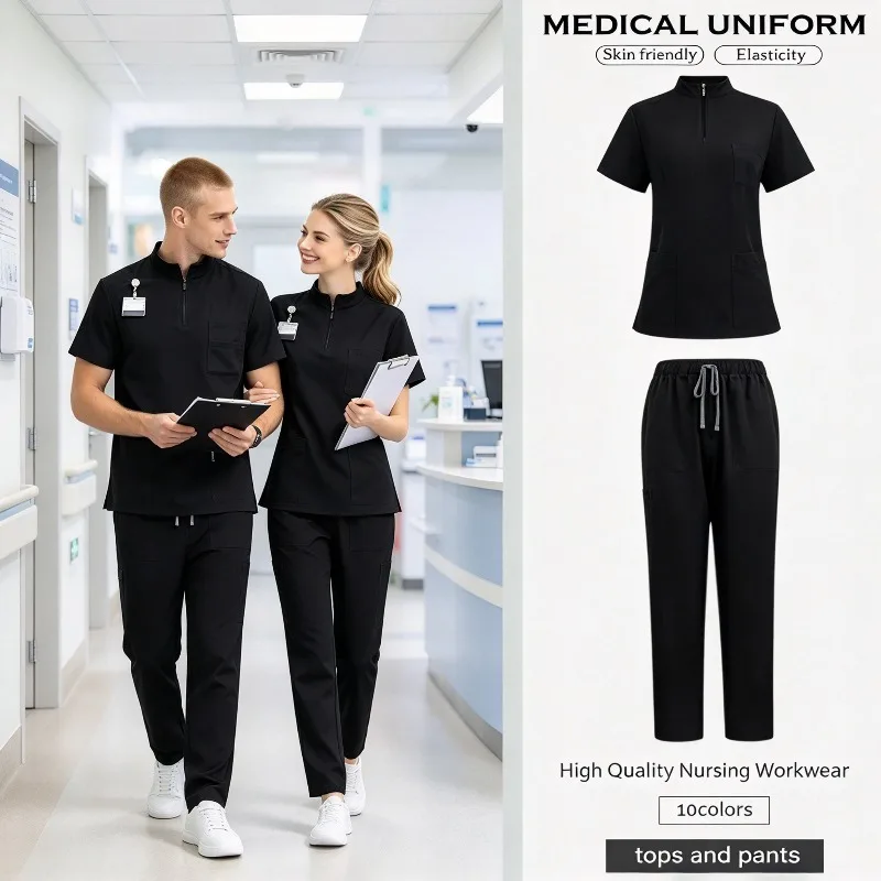 Unisex Work Frosted Set Matte Stand Collar Two-piece Set Beauty Salon Doctor Nurse SPA Multi Pocket Functional Suit
