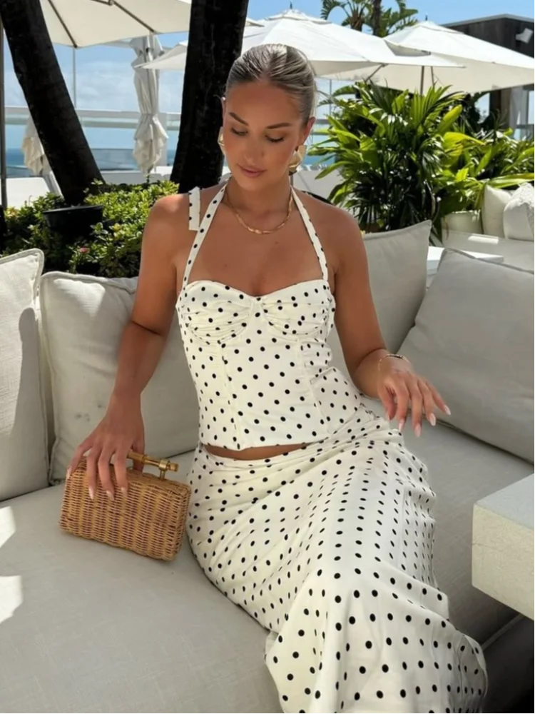 

Polka Dots Top Skirt 2 Piece Sets For Women Slim Fit Crop Top Low Waist Long Skirt 2026 New Lady Summer Beach Vacation Outfits