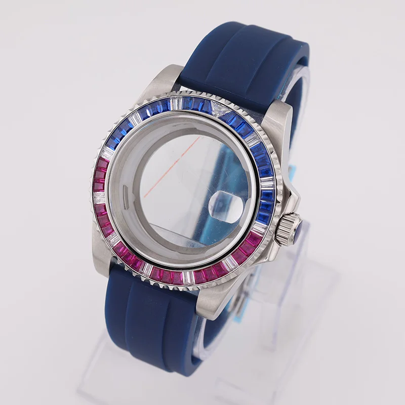 40mm Diamond Moissanite Mechanical Diver Watch Case with Rubber Strap for Seiko Mod Submariner NH34 35 36 Replacement Parts