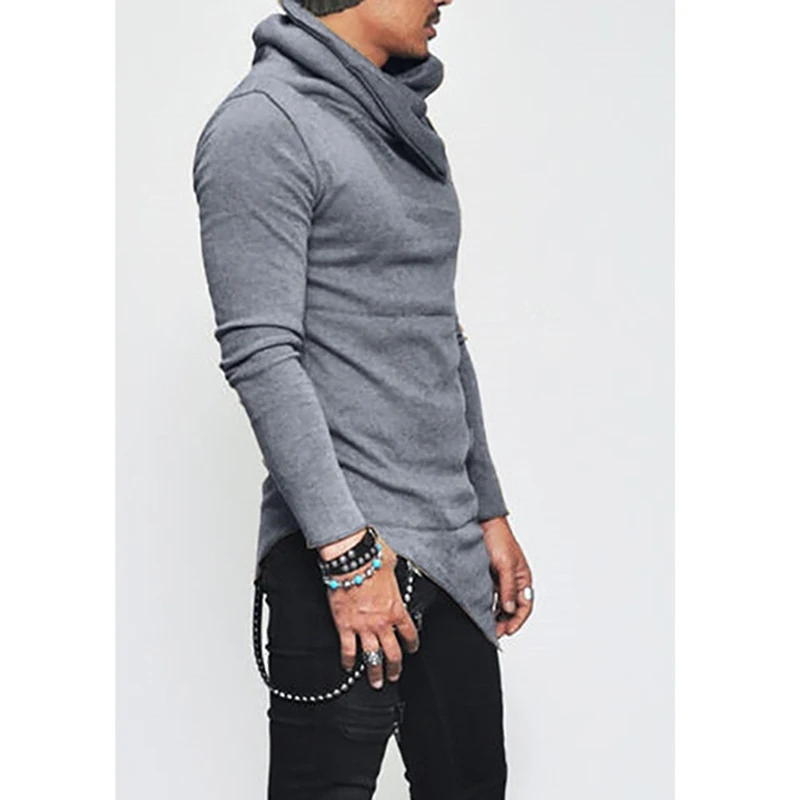 Mens Hoodies Irregular Hem Pocket Long Sleeve Sweatshirt Men Clothing Autumn Pullover Turtleneck Sweatshirt Tops