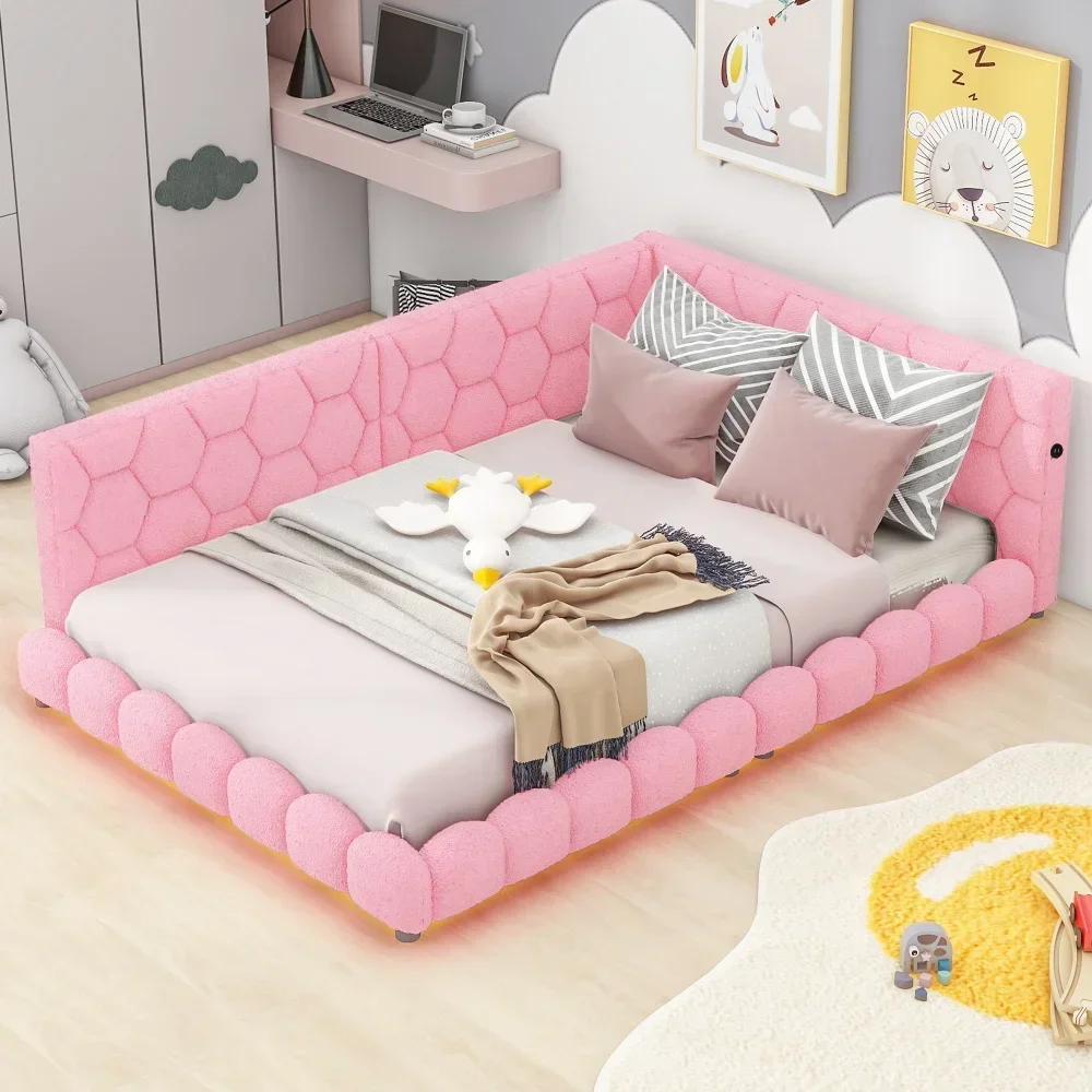 

Upholstered Full Size Platform Bed with USB Ports and LED Belt,Pink Bed for Girls From 6To12 Years Princesses Bunk Beds for Kids