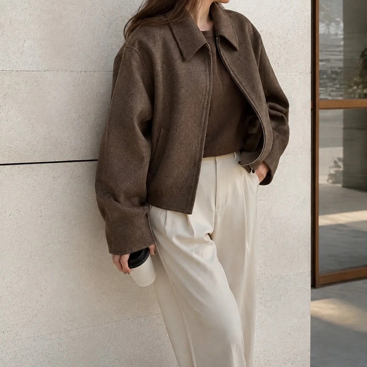Long Sleeve Regular Sleeve Loose Fit Coat with Wrinkle Finish Sweet and Fresh Distressed Detail Retro Women Autumn Jacket