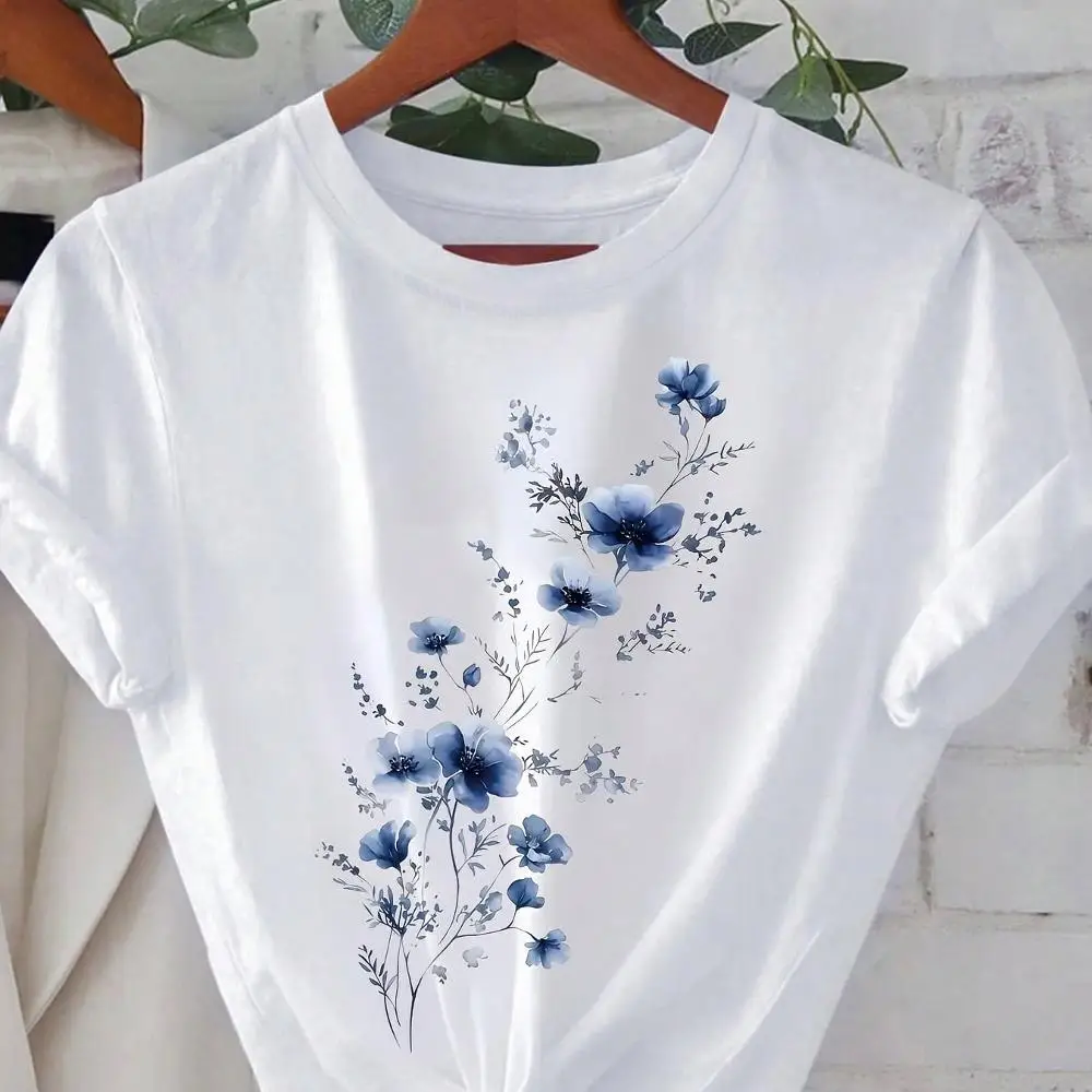 Women s Elegant Floral Print Round Neck Short Sleeve T-Shirt, White With Blue Flowers, Versatile Casual Tee For All Seasons Summer