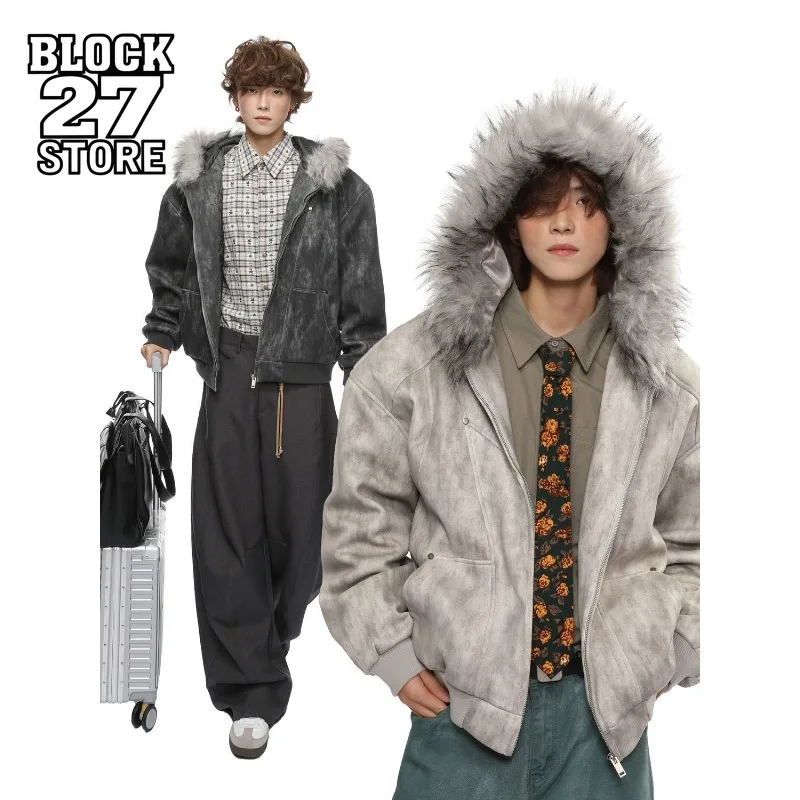 

Зимняя толстая теплая хлопковая куртка в стиле Харадзюку, мужская винтажная куртка в американском стиле с капюшоном на флисовой подкладке и меховым воротником, модная мода