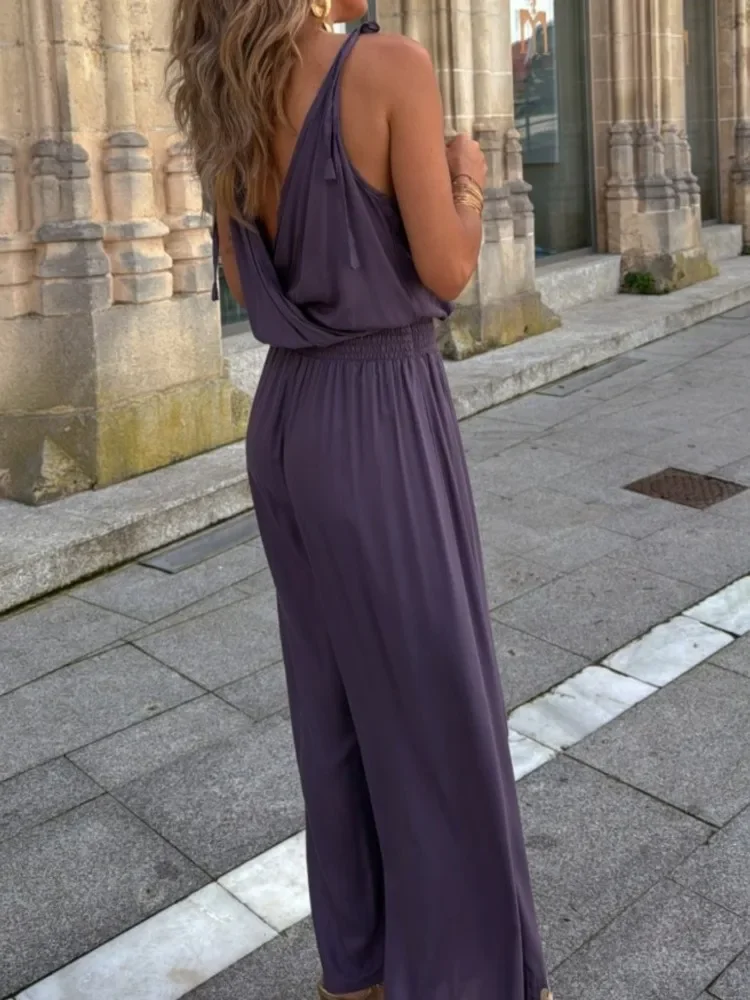 Summer Vintage Gold Ribbon Border High Waist Jumpsuits Elegant Sexy V Neck Loose Suspender Casual Sleeveless Streetwear Romper