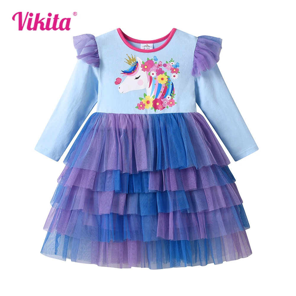 VIKITA Girls Light Blue Long Sleeve Autumn Spring Unicorn Flower Print Vestidos Kids Irregular Tulle Cake Tutu Princess Dresses