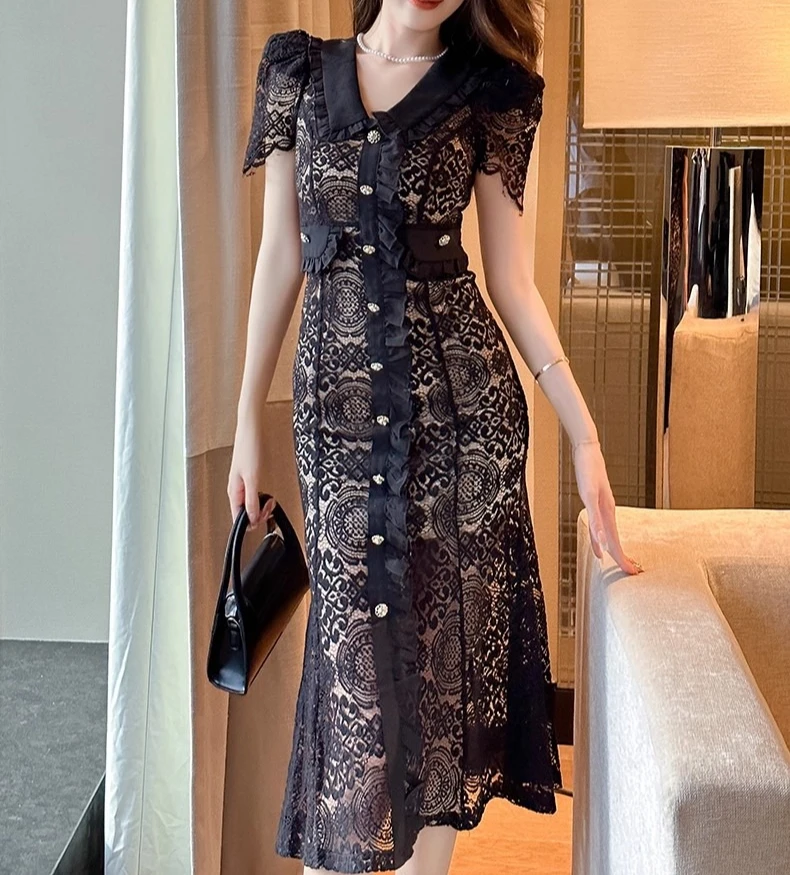 

Black Lace Dress Women V-neck Hollow Out Elegant Summer Elegant Vestidos Bodycon Streetwear Chic Cloth Lady