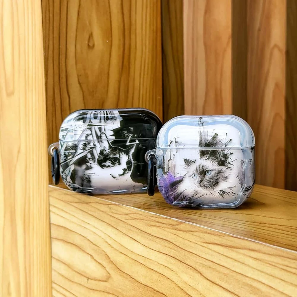Vintage Artistic Black White Sketch Graffiti Cat Wavy Frame With Hook Earphone Cover Case for AirPods 1 or 2 3 4 Pro 2 Pro 3 view 2