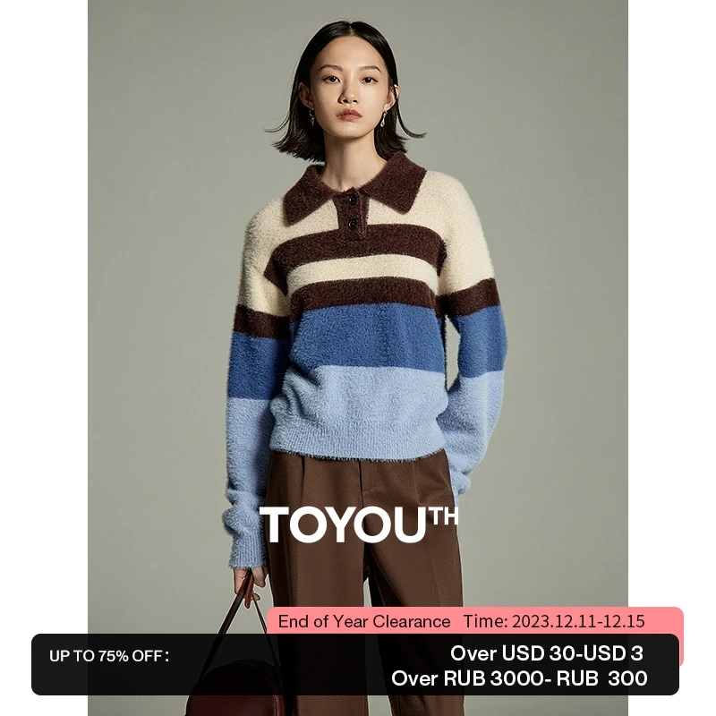 

Toyouth Women Imitation Mink Sweater 2023 Winter Long Sleeve Lapel with Buttons Loose Knitwear Retro Color Matching Warm Tops