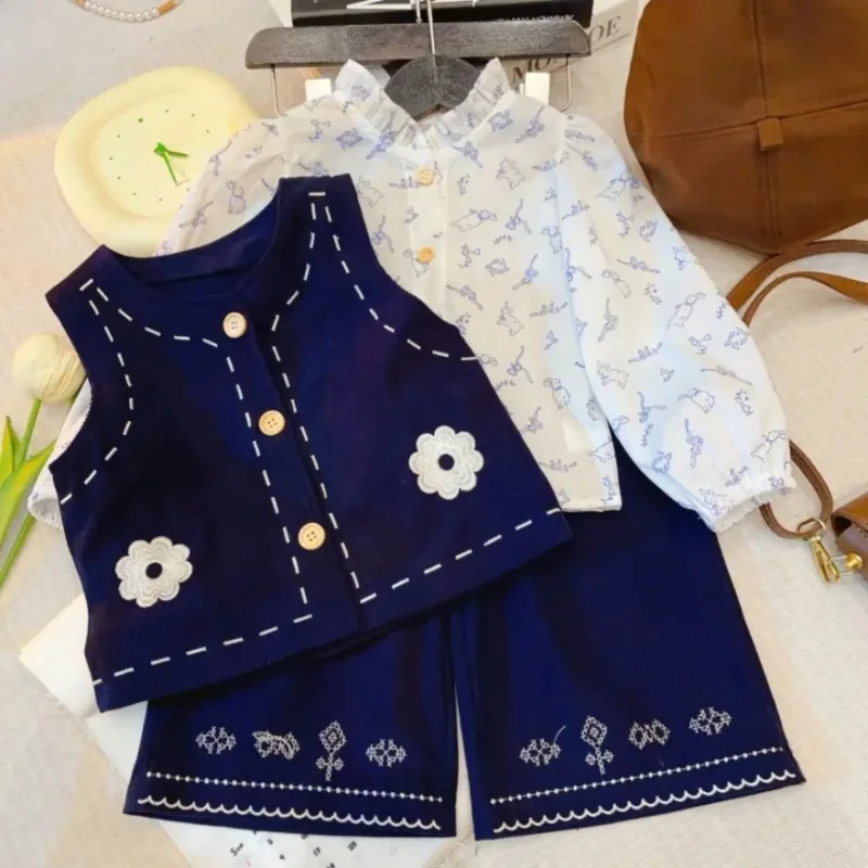 

2025New Girls' Wide-Leg Pants Set Autumn Children's Stylish Long-Sleeve Shirt Embroidered Vest Long Pants Three-Piece Set