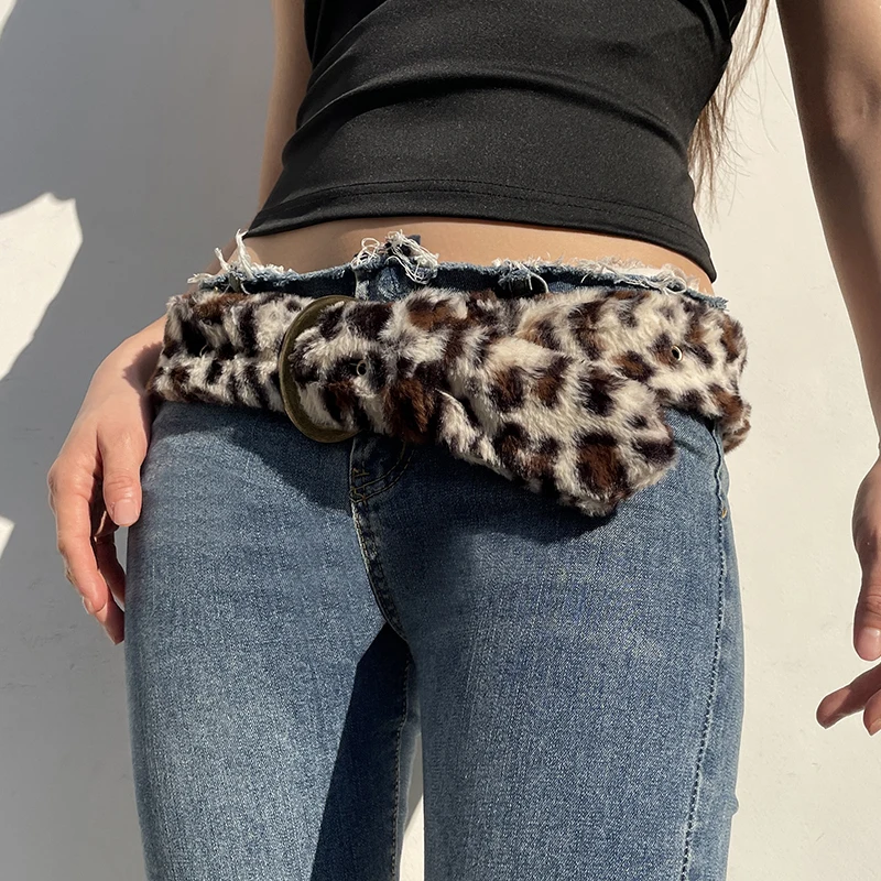 Darlingaga Vintage Leopard Patterned Faux Fur Waistband Women's Fashion Eyelet Belt All Match 2025 Accessories Sashes Chic New