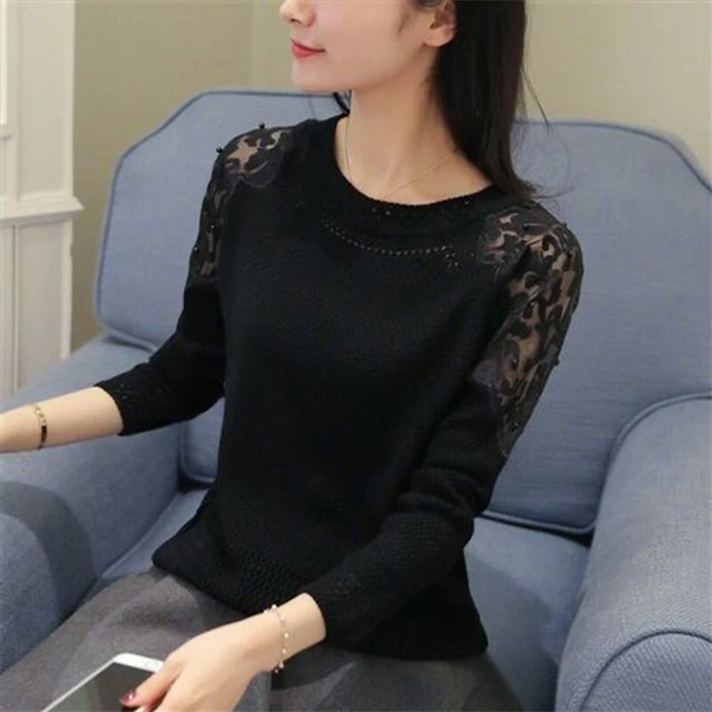 Autumn Winter New Lace Patchwork Hollow Out Beading Jumper Ladies Loose Casual Solid Color Knitting Top Women Bottoming Sweater