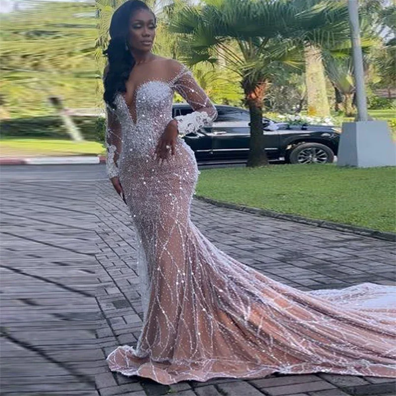 Luxurious Sparkling Mermaid Lace Beaded Party Evening Dress 2026 Sexy Deep V-neck Transparent Long Sleeve Ball Dress Customized