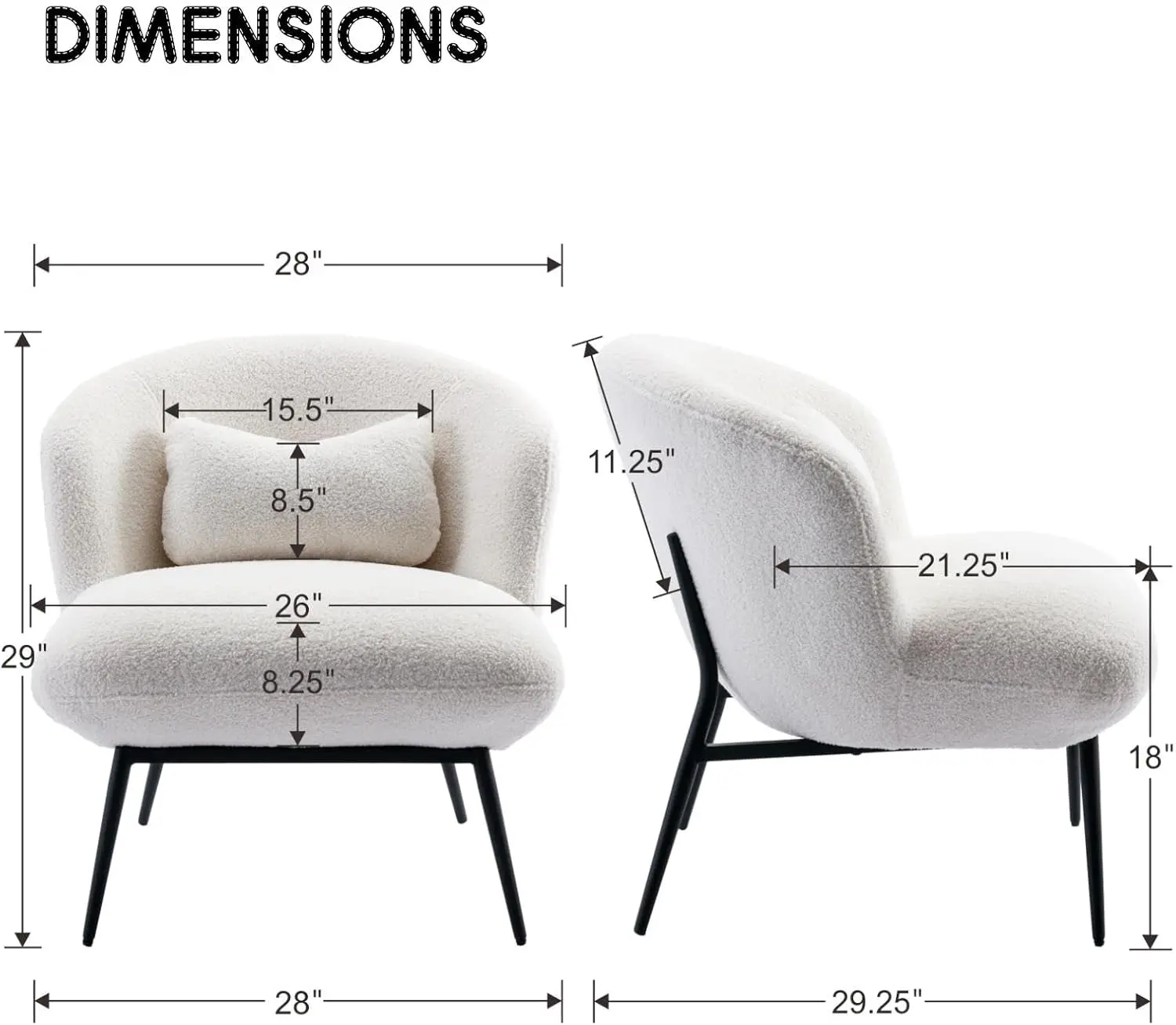 Boucle Single Sofa Chair Lounge Chair with Lumbar Pillow Metal Legs Slipper Chair for Living Room Bedroom Office, White