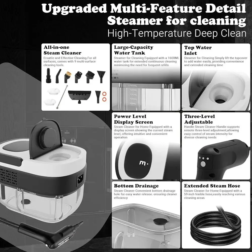 Portable Steam Cleaner 15s Heat-Up 3-Level Adjustable Handle High Pressure 1500W with 10 Accessories Deep Cleaning Home Car