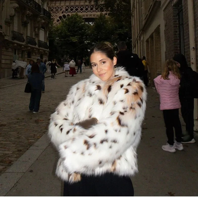 Dot Leopard Contrast Stand Collar Faux Fur Coat Women Warm Commute Long Sleeve Fluffy Plush Jacket Autumn High Street Outerwear