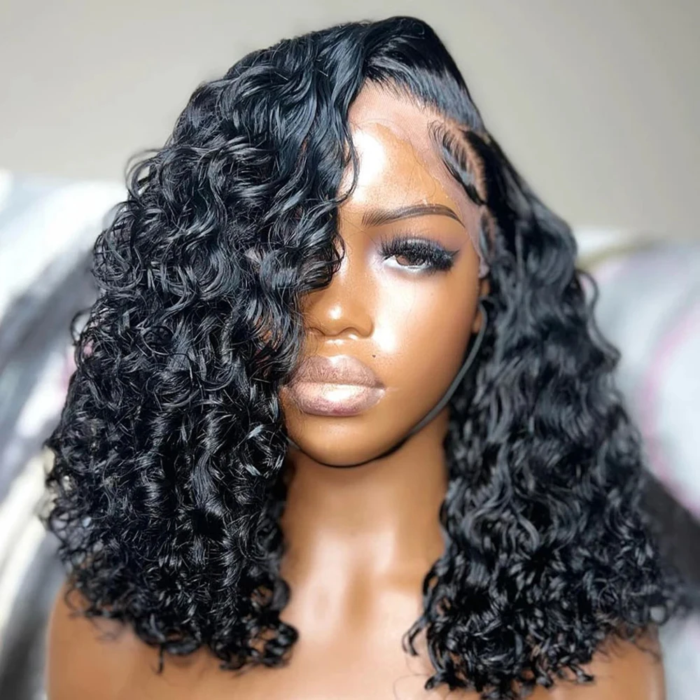 13x4 Side Part Lace Front Wig Human Hair Bob Deep Curly Wave Frontal Wig with Pre-Plucked Baby Hair Perfect for Black Women 250%