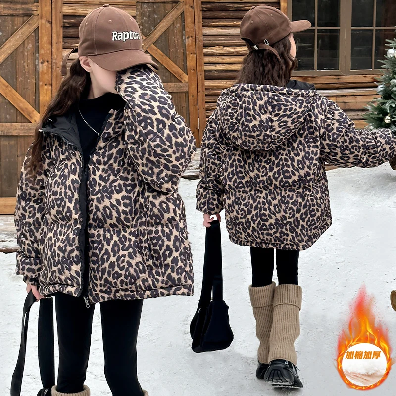 4-14Y Girls Fashion Leopard Print Jackets for Children Coats Oversized Jackets Winter Warm Two Side Wearing Hooded Coat for Kids