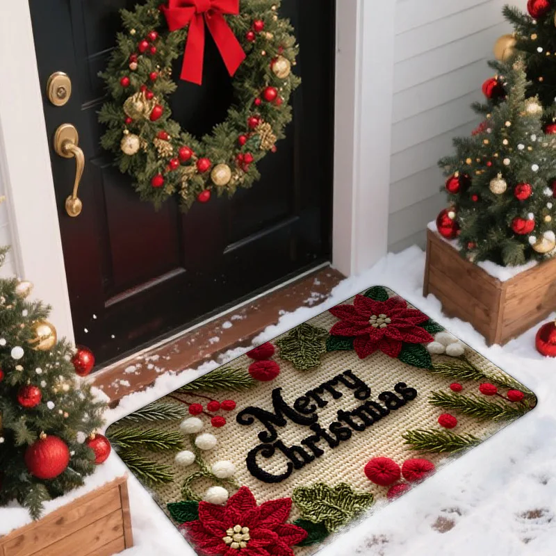 

Christmas Welcome Doormat Non-slip Santa Claus Christmas Tree Bell Truck Crystal Velvet Floor Mat Wear-Resistant Holiday Decor
