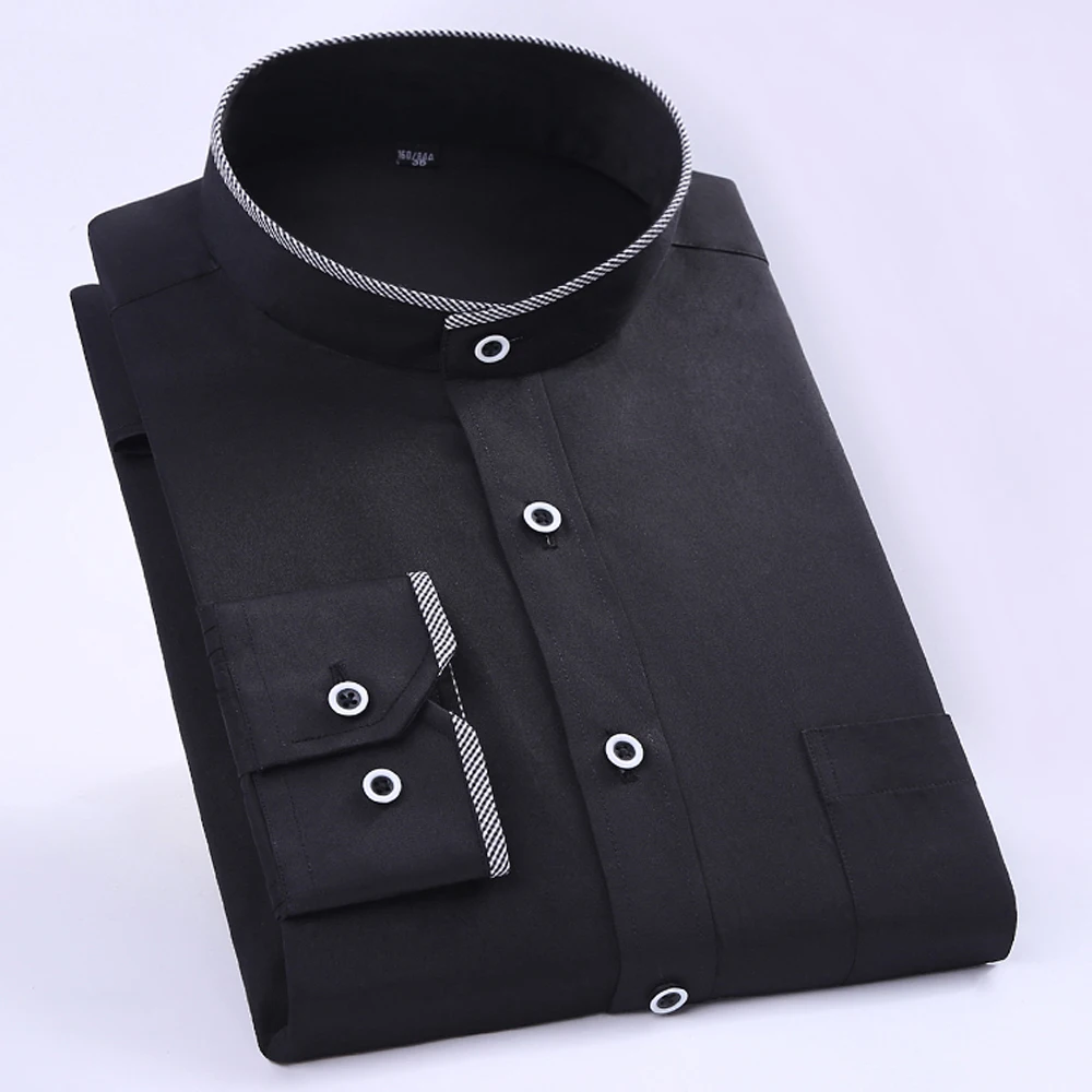 

Мужская Базовая рубашка с одним накладным карманом, белая повседневная классическая рубашка с длинными рукавами и воротником-ремешком, Осень-зима 2019