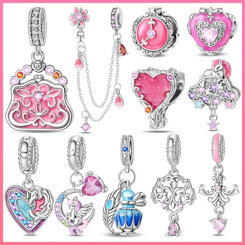 925 Silver Plated Magic Mirror Princess Angel Pink Charm Beads Suitable Fit Pan 925 Original Bracelet Exquisite Diy Jewelry view 2