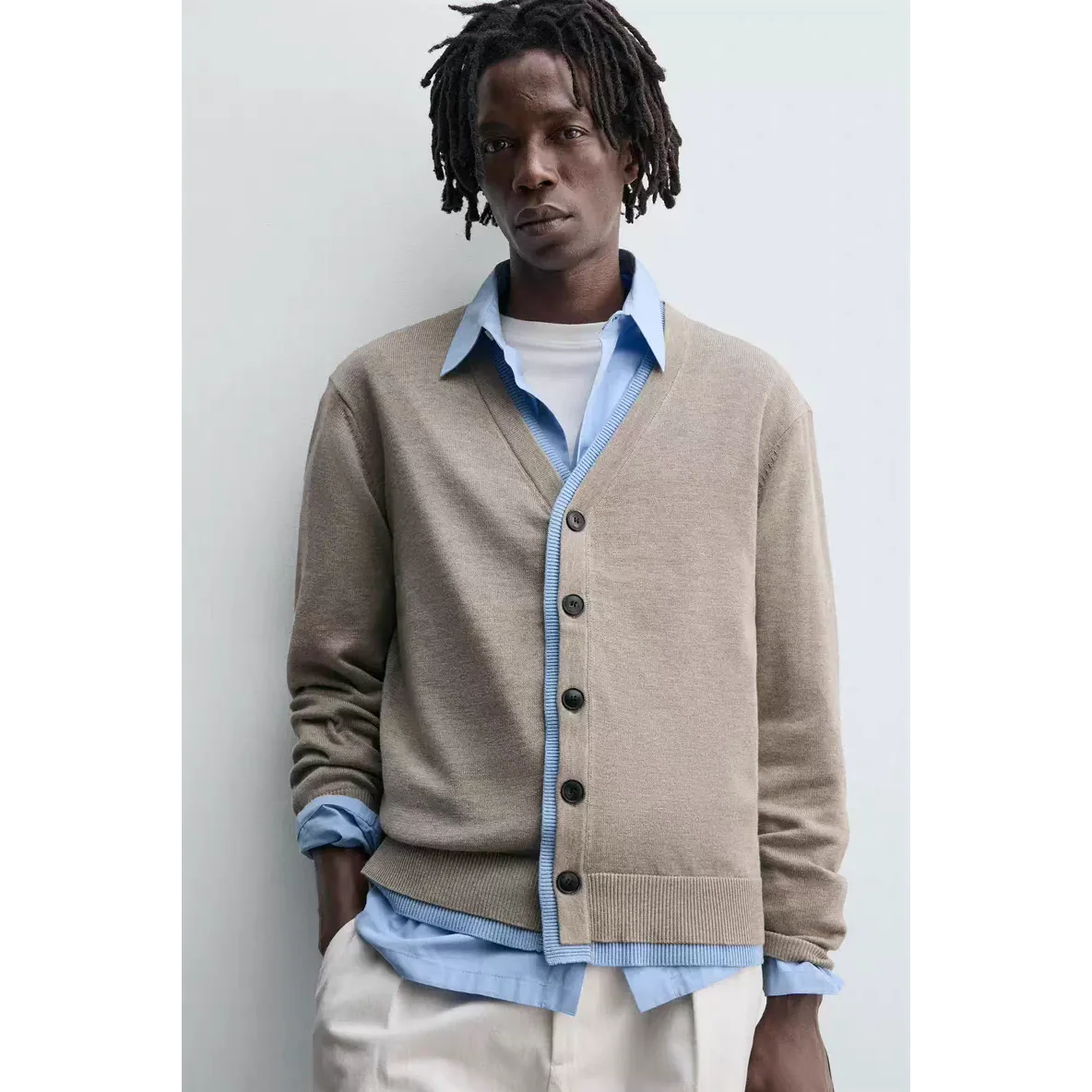 

Новый осенний мужской свободный свитер с V-образным вырезом и цветным воротником 39202, повседневный, двойной трикотаж, комфортный, дышащий