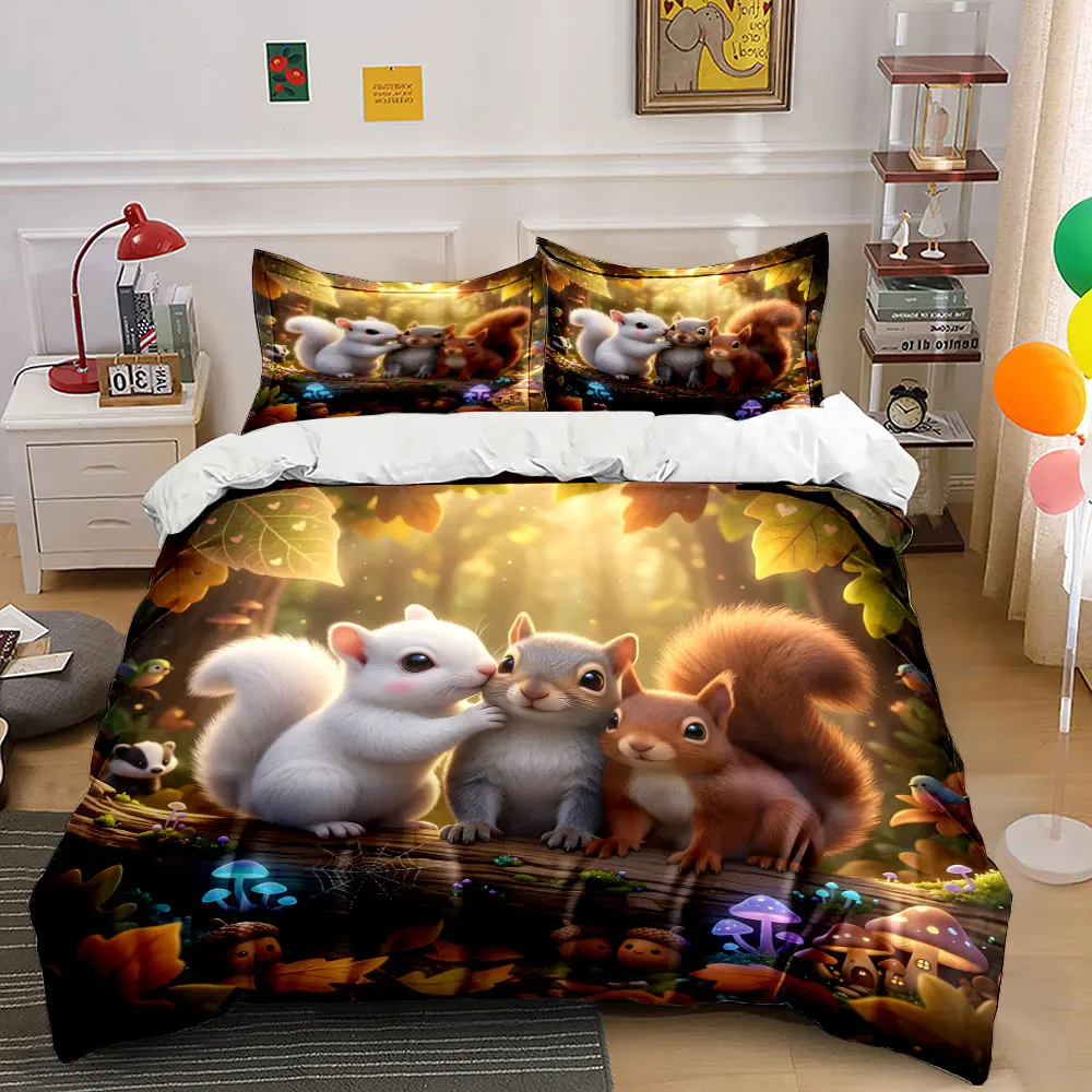 Three Adorable Squirrels in Forest Pattern Duvet Cover Set Digital Print Colorful Polyester Bedding with Zipper Closur