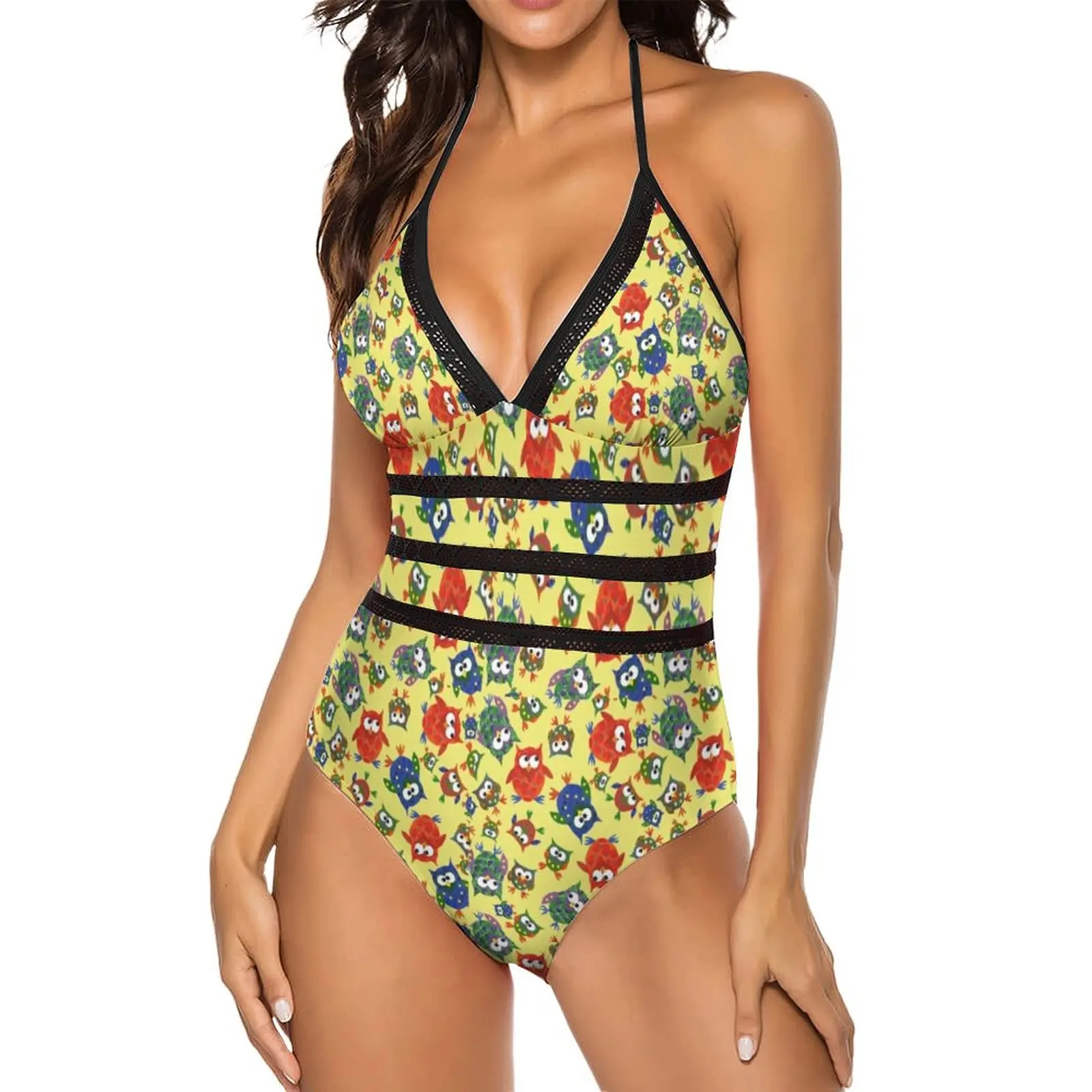 Colorful Owl Print Swimsuit Cute Quirky Birds Colorful Swimwear One Piece Fitness Swimsuits Sexy Cut Out Bathing Suits