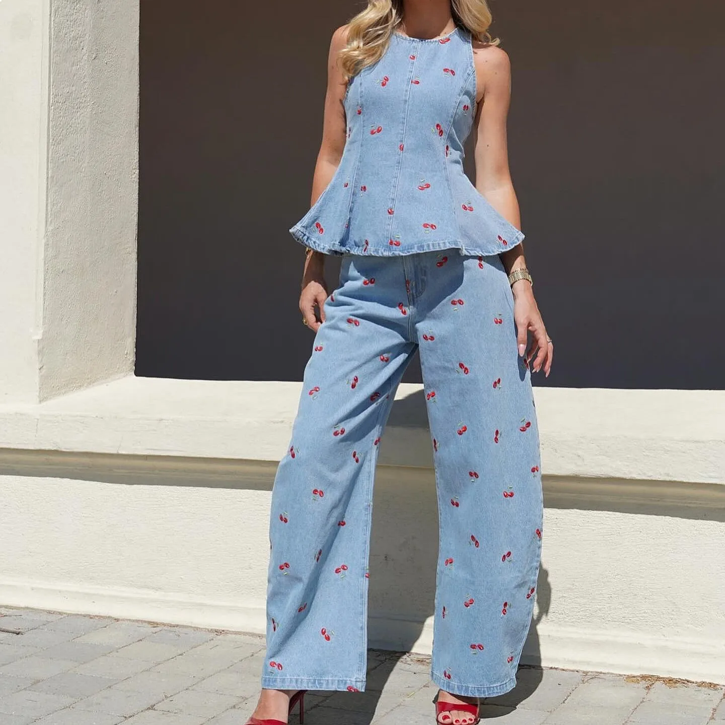 Retro Embroidered Blouse and Loose Straight Denim Jeans Set Summer Matching Set