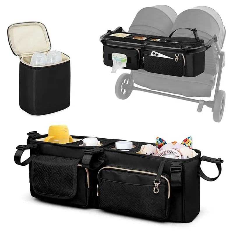 Large Double Stroller Organizer with Cup Holder and Cooler Bag Stroller  Bag