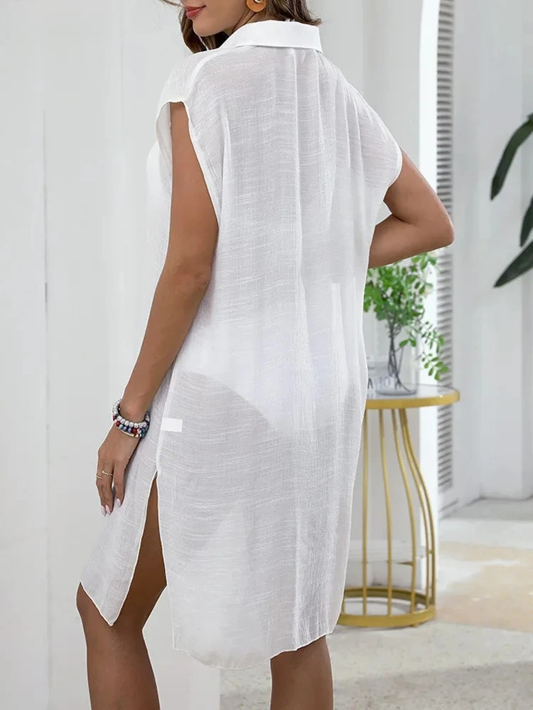 Sexy Women Polo Collar Loose Bikini Cove Up Solid Short Sleeve Beach Dress Female Brazilian Swimsuit Cover-Ups